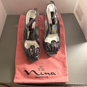 Nina Metallic Gray Peep-Toe Heels